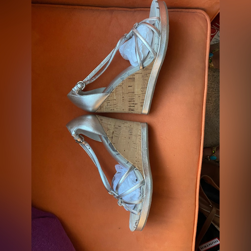 Coach silver leather sandals 4.5” cork heal size 8.5. Worn just once!
